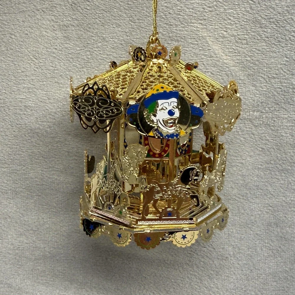 Unique Treasures Circus Clown Carousel Ornament Small Gold Metal Glass‎ Limited